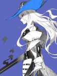  1girl absurdres arknights arm_cuffs bare_shoulders black_legwear blue_background cape detached_sleeves facing_to_the_side glaring gloves hat highres holding holding_weapon limited_palette long_hair looking_ahead mizuno_star red_eyes side_slit simple_background skadi_(arknights) solo sword weapon white_gloves 