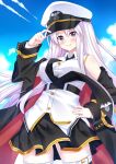  1girl adjusting_clothes adjusting_headwear azur_lane bangs belt black_coat black_legwear black_skirt blue_sky clouds cloudy_sky coat commentary enterprise_(azur_lane) eyebrows_visible_through_hair hair_between_eyes hand_on_hip hat kitsuneco long_hair looking_at_viewer necktie off-shoulder_coat off_shoulder peaked_cap shirt sidelocks skirt sky sleeveless sleeveless_shirt smile solo thigh-highs violet_eyes white_hair white_shirt wind zettai_ryouiki 