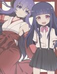  2girls :d bare_shoulders blue_hair bow detached_sleeves eyebrows_visible_through_hair furude_rika hakama hakama_skirt hanyuu highres higurashi_no_naku_koro_ni horns japanese_clothes long_hair looking_at_viewer miko multiple_girls open_mouth purple_hair red_hakama short_sleeves sidelocks skirt smile straight_hair suspenders upper_body violet_eyes weiss_9610 