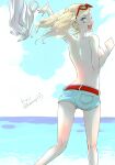  1girl ass backboob belt blonde_hair blue_eyes breasts commentary_request denim denim_shorts earrings eyewear_on_head floating_hair heart heart_earrings highres jewelry komugi_(mugiwaraclub) legs long_hair looking_at_viewer looking_back medium_breasts ocean one_eye_closed open_mouth persona persona_5 running shirt_removed short_shorts shorts smile solo sunglasses takamaki_anne throwing topless twintails water 