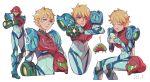  1girl arm_cannon armor artist_request blonde_hair blue_eyes glowing looking_at_viewer metroid metroid_dread mole mole_under_mouth power_armor samus_aran science_fiction short_hair sidelocks simple_background solo upper_body varia_suit weapon 