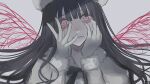  1girl akai_ringo_(eveyuno) arms_up black_hair blood blood_from_eyes gloves grey_background highres jacket long_hair looking_at_viewer original pink_eyes solo white_gloves white_headwear white_jacket 