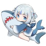  1girl animal_hood barefoot blue_eyes blue_hair blue_hoodie chibi fang fish_tail full_body gawr_gura grey_hair hair_ornament hololive hololive_english hood hood_down hoodie long_sleeves looking_at_viewer miaoema multicolored_hair shark_hood shark_tail simple_background solo streaked_hair stuffed_animal stuffed_shark stuffed_toy tail two_side_up virtual_youtuber white_background wide_sleeves 
