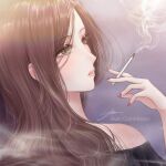  1girl bare_shoulders brown_eyes brown_hair check_commentary cigarette commentary_request eyebrows_visible_through_hair filha highres holding holding_cigarette kimi_no_na_wa. long_hair okudera_miki smoke upper_body 