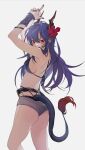  1girl arknights ass back bangs bare_arms bikini bird blue_bikini blue_hair breasts ch&#039;en_(arknights) ch&#039;en_the_holungday_(arknights) dragon_girl dragon_horns dragon_tail feet_out_of_frame finger_gun flower from_behind grey_shorts hair_between_eyes hair_flower hair_ornament highres horns latutou1 long_hair looking_at_viewer medium_breasts multi-strapped_bikini nail_polish official_alternate_costume own_hands_together parrot pink_flower purple_nails red_eyes shorts sky solo standing swimsuit tail 