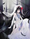  1girl akemi_homura akuma_homura alternate_costume arm_at_side arm_support backlighting bare_shoulders bare_tree black_feathers black_hair black_theme blurry blurry_background bone_print branch breasts bridal_veil cleavage_cutout closed_mouth clothing_cutout cutout_gloves dress elbow_gloves elbow_on_knee facing_viewer feathered_wings feathers flower gloves hair_flower hair_ornament hair_ribbon half-closed_eyes high_collar highres hite_(fuii0077) holding lace lace_veil lens_flare light_particles light_rays long_dress long_hair looking_down mahou_shoujo_madoka_magica mahou_shoujo_madoka_magica_movie red_ribbon ribbon ribs rose shiny shiny_hair sleeveless sleeveless_dress small_breasts smile solo soul_gem straight_hair tree tsurime veil very_long_hair violet_eyes white_dress white_flower white_gloves white_rose white_veil wings 