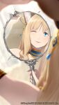  1girl animal_ears blonde_hair blue_eyes blurry blurry_foreground cat_ears collar copyright_request depth_of_field hair_brushing hand_mirror holding holding_mirror looking_at_viewer mirror one_eye_closed parted_lips reflection smile solo somehira_katsu 