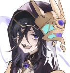  1girl bangs black_hair commentary_request granblue_fantasy hair_over_one_eye hood hood_up lich_(granblue_fantasy) looking_at_viewer open_mouth sharp_teeth simple_background smile solo teeth violet_eyes white_background yakota_(usuk-yako) 