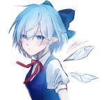  1girl blue_bow blue_dress blue_eyes blue_hair bow cirno closed_mouth dress hair_bow highres ice ice_wings looking_at_viewer pointy_ears puffy_short_sleeves puffy_sleeves red_neckwear red_ribbon ribbon rokuya_(68_zusao) shirt short_hair short_sleeves simple_background touhou upper_body white_background white_shirt wings 