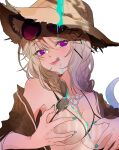  1girl :p animal_ear_fluff animal_ears arknights bare_shoulders between_breasts bikini black_shirt blue_nails breast_hold breasts closed_mouth crazy_straw drinking_straw eyewear_on_head fang grey_bikini hair_over_shoulder hat heart_straw highres latutou1 light_brown_hair liquid long_hair medium_breasts nail_polish off_shoulder official_alternate_costume open_clothes open_shirt outdoors parted_lips shirt smile solo stomach straw_hat striped striped_bikini sunglasses swimsuit symbol-only_commentary tail tongue tongue_out upper_body utage_(arknights) utage_(summer_flowers)_(arknights) violet_eyes 