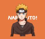  1boy blonde_hair blue_eyes character_name closed_mouth forehead_protector highres jacket long_sleeves looking_at_viewer naruto_(series) naruto_shippuuden ninja orange_background pinoko_(pnk623) short_hair simple_background smile solo uzumaki_naruto v-shaped_eyebrows 