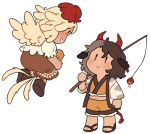  2girls adapted_costume animal animal_ears arm_at_side bangs bird bird_tail bird_wings blonde_hair brown_footwear brown_hair chibi chick cow_ears cow_girl cow_horns cow_tail crop_top eye_contact feathered_wings fishing_rod floating frilled_shorts frills from_behind from_side full_body grin hair_between_eyes hand_up haori holding holding_animal holding_fishing_rod horns japanese_clothes legs_apart long_sleeves looking_at_another looking_down looking_up midriff multicolored_hair multiple_girls navel nekolina niwatari_kutaka no_nose parted_lips profile puffy_short_sleeves puffy_sleeves red_eyes red_horns sandals shoe_soles short_hair short_sleeves shorts sideways_mouth simple_background smile standing tail tail_feathers touhou two-tone_hair ushizaki_urumi wavy_hair white_background wide_sleeves wings yellow_wings |_| 