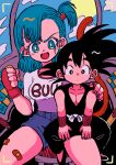  1boy 1girl absurdres aircraft bandaid bandaid_on_leg bangs black_eyes black_footwear black_hair blue_eyes blue_hair blue_sky breasts brown_gloves bulma character_name clenched_hand clothes_writing clouds cloudy_sky day denim denim_shorts dot_nose dougi dragon_ball dragon_ball_(classic) expressionless eyelashes fingerless_gloves fingernails food-themed_hair_ornament frown gloves hair_ornament hair_strand hair_tie hand_on_another&#039;s_shoulder highres kodama_(marugoto_omikan) large_breasts light_blush looking_at_viewer medium_breasts medium_hair monkey_tail on_chair one_side_up open_mouth parted_lips pectorals shirt shirt_tucked_in shoes short_shorts shorts sitting sitting_on_lap sitting_on_person sky son_goku spiky_hair strawberry_hair_ornament swept_bangs tail thick_thighs thighs v-shaped_eyebrows white_shirt wristband 