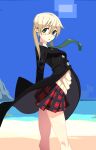  1girl arched_back beach beige_sweater black_jacket go_d_e green_eyes green_neckwear highres jacket light_brown_hair looking_at_viewer maka_albarn necktie ocean pixel_art plaid plaid_skirt pleated_skirt skirt solo soul_eater standing twintails 