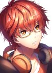  1boy 707_(susanghan_messenger) artist_name english_commentary eyebrows_visible_through_hair glasses hair_between_eyes headphones headphones_around_neck looking_at_viewer male_focus orange_eyes orange_hair parted_lips rosuuri solo susanghan_messenger white_background 