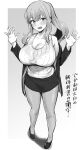  1girl arms_up breasts greyscale highres hotate-chan large_breasts monochrome plump solo source_request surprised sweater thick_thighs thighs 