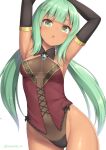  1girl :o armpits arms_up bangs black_gloves blunt_bangs blush brooch contrapposto cowboy_shot dark-skinned_female dark_skin elbow_gloves gloves green_eyes green_hair hair_ornament highleg highleg_leotard jewelry leotard looking_at_viewer low_twintails navel original parted_lips sasaame simple_background solo twintails twitter_username white_background wing_collar 
