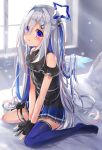  1girl absurdres amane_kanata angel angel_wings arms_between_legs asymmetrical_legwear bare_arms bare_shoulders belt black_dress black_gloves black_legwear blue_belt blue_hair blue_legwear blue_wings blurry bokeh colored_inner_hair commentary_request depth_of_field dress eyebrows_visible_through_hair eyes_visible_through_hair feathered_wings full_body gloves gradient gradient_wings hair_ornament hair_over_one_eye hairclip halo highres hololive jewelry kneehighs light_particles light_rays long_hair mini_wings mismatched_legwear multicolored multicolored_hair multicolored_wings necklace no_shoes off-shoulder_dress off_shoulder official_alternate_costume on_bed partially_fingerless_gloves pink_hair pleated_dress short_dress signature silver_hair single_hair_intake single_kneehigh single_thighhigh sitting solo star_(symbol) star_halo star_necklace streaked_hair sunbeam sunlight thigh-highs thigh_pouch two_side_up uneven_legwear v_arms very_long_hair violet_eyes virtual_youtuber wariza white_wings window wings yukikawa_sara 