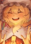  1girl :d ascot blonde_hair blush boa_(brianoa) closed_eyes commentary english_commentary facing_viewer flandre_scarlet hands_up hat highres open_mouth red_shirt shirt short_hair smile solo touhou upper_body white_headwear wings yellow_neckwear 
