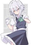  1girl absurdres alternate_hairstyle bangs blue_eyes border bright_pupils eyebrows_visible_through_hair gloves green_neckwear grey_background grey_hair hair_between_eyes highres izayoi_sakuya looking_at_viewer maid maid_headdress open_mouth outline puffy_short_sleeves puffy_sleeves short_hair short_sleeves solo standing touhou tsukimirin white_border white_gloves white_outline white_pupils 