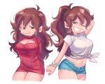  2girls 8kai_oxo7410 brown_hair cleavage cleavage_cutout cutoffs dual_persona friday_night_funkin&#039; girlfriend_(friday_night_funkin&#039;) ponytail red_dress standing white_background 