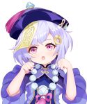  1girl :o absurdres bangs bead_necklace beads chinese_clothes coin_hair_ornament commentary_request earrings eyebrows_visible_through_hair genshin_impact hair_between_eyes hat head_tilt highres jewelry jiangshi long_hair long_sleeves looking_at_viewer low_ponytail necklace ofuda paw_pose purple_hair qing_guanmao qiqi_(genshin_impact) sidelocks simple_background solo violet_eyes vision_(genshin_impact) white_background wide_sleeves xian_yu_mi 