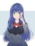  1girl alternate_hairstyle arm_behind_back artist_request bad_id bad_pixiv_id bangs blue_background blue_hair closed_mouth darling_in_the_franxx green_eyes grey_jacket hair_between_eyes hand_on_own_cheek hand_on_own_face highres ichigo_(darling_in_the_franxx) jacket long_hair long_sleeves looking_at_viewer looking_to_the_side smile solo two-tone_background white_background 
