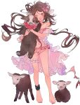  1girl ;d animal_ears animal_hug anklet arknights bare_legs bare_shoulders barefoot bikini brown_hair eyebrows_visible_through_hair eyjafjalla_(arknights) eyjafjalla_(summer_flowers)_(arknights) floating_hair frilled_bikini frills full_body goat goat_ears goat_horns highres horns infection_monitor_(arknights) jewelry latutou1 long_hair looking_at_viewer navel official_alternate_costume one_eye_closed open_mouth pink_bikini pink_eyes sheep simple_background smile solo standing stomach swimsuit white_background 