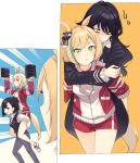  4girls :d ahoge animal_ears black_bow black_hair black_jacket black_vest blonde_hair blush bob_cut bow carrying character_request closed_mouth dot_nose earrings emphasis_lines flower green_eyes grey_pants gym_uniform hair_bow hair_flower hair_ornament happy_meek_(umamusume) highres holding horse_ears horse_tail jacket jewelry jitome kashimoto_riko kiryuuin_aoi little_cocon_(umamusume) long_hair long_sleeves medium_hair multicolored_hair multiple_girls nekoume open_mouth pants parted_lips piggyback red_eyes red_shorts running shirt short_hair short_shorts shorts smile streaked_hair sweatdrop tail umamusume vest violet_eyes weights white_shirt yellow_background 