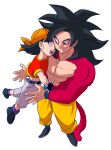  1boy 1girl abs bandana belt black_belt black_footwear black_gloves black_hair chain closed_eyes crop_top denim dragon_ball dragon_ball_gt fingerless_gloves flat_chest floating_hair from_above full_body gloves grandfather_and_granddaughter happy heads_together highres jeans kz_(dbz_kz) looking_at_another midriff monkey_tail no_nipples open_mouth orange_bandana pan_(dragon_ball) pants pectorals purple_legwear shoes short_hair short_sleeves simple_background socks son_goku spiky_hair super_saiyan super_saiyan_4 tail teeth upper_teeth white_background yellow_eyes yellow_pants 