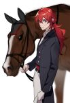  1boy alternate_costume animal bangs black_coat closed_mouth coat diluc_(genshin_impact) genshin_impact gloves hair_between_eyes holding holding_reins horse k_young03 long_hair long_sleeves looking_at_viewer male_focus pants ponytail red_eyes redhead reins simple_background white_background white_gloves 