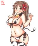  1girl alternate_costume amagi_(kancolle) animal_ears animal_print artist_logo bell bikini blush breasts brown_eyes brown_hair cow_ears cow_girl cow_horns cow_print cow_tail cowbell dated high_ponytail horns kanon_(kurogane_knights) kantai_collection large_breasts long_hair mole mole_under_eye navel neck_bell one-hour_drawing_challenge open_mouth print_bikini print_legwear simple_background smile solo swimsuit tail thigh-highs white_background wide_ponytail 