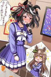  2girls animal_ears black_hair blush brown_hair collarbone commentary_request crouching_start cup highres horse_ears horse_girl horse_tail karaoke kitasan_black_(umamusume) microphone multiple_girls open_clothes satono_diamond_(umamusume) short_hair sparkle table tail translation_request umamusume 