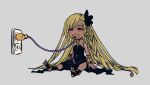  01rosso 1girl bare_shoulders black_dress black_nails blonde_hair braid charging_device dark-skinned_female dark_skin dress electric_socket granblue_fantasy hair_ornament helel_ben_shalem long_hair long_toenails pacifier plug red_eyes sitting solo tattoo toenails very_long_hair 