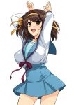  1girl arms_up blue_skirt blush bob_cut breasts brown_eyes brown_hair caramelldansen dancing hairband haruhisky highres large_breasts medium_hair open_mouth red_neckwear ribbon school_uniform serafuku simple_background skirt smile solo suzumiya_haruhi suzumiya_haruhi_no_yuuutsu uniform white_background yellow_hairband 