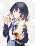  1girl animal bangs black_eyes black_hair blush cat cat_day doughnut eating food highres holding holding_animal holding_cat horiizumi_inko long_sleeves looking_at_viewer original school_uniform short_hair simple_background skirt 