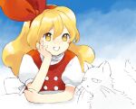  1boy 1girl blonde_hair bow buttons cat dress ellen_(touhou) hair_bow hand_on_own_face happy kaigen_1025 long_hair open_mouth puffy_short_sleeves puffy_sleeves red_bow shirt short_sleeves sokrates_(touhou) touhou white_cat white_shirt yellow_eyes 
