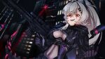 1girl bangs black_gloves building gloves grey_hair gun hair_ornament hairclip holding holding_gun holding_weapon indie_virtual_youtuber long_hair looking_at_viewer navel open_mouth optionaltypo ponytail red_eyes saruei_(vtuber) scar scar_across_eye shadow smile solo tail upper_body virtual_youtuber weapon
