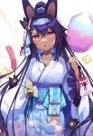  +_+ 1girl :&lt; :t absurdres alternate_costume bangs bell blue_hairband blush collarbone commentary_request cotton_candy cowboy_shot crossed_bangs dark-skinned_female dark_skin eating flat_chest food food_on_face fox_mask frilled_kimono frilled_sleeves frills hair_between_eyes hairband hand_up head_tilt headgear highres holding holding_food huge_filesize japanese_clothes jingle_bell kimono light_blush long_hair long_sleeves looking_at_viewer mask mask_on_head nephtim_(world_flipper) obi open_mouth pom_pom_(clothes) ponytail pouch purple_hair red_eyes sash sausage shibainu shiny shiny_hair sidelocks simple_background skewer solo sprinkles standing straight-on sweat tied_hair v-shaped_eyebrows very_long_hair white_background white_kimono white_sleeves world_flipper 