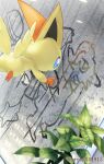  absurdres blue_eyes commentary_request drawing flying glass highres index_finger_raised leaf mythical_pokemon no_humans open_mouth pokemon pokemon_(creature) purobe solo victini window_writing 