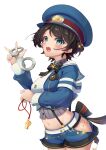  1girl absurdres aqua_eyes arm_under_breasts armband bangs black_bow black_hair black_neckwear blue_headwear blue_jacket blue_shorts blush bow bowtie breasts commentary cowboy_shot cropped_jacket cuffs eyebrows_visible_through_hair hand_up handcuffs hat highres holding holding_handcuffs holding_whistle hololive jacket looking_at_viewer medium_breasts midriff navel oozora_subaru open_mouth police police_hat police_uniform shirt short_hair short_shorts shorts shyi simple_background solo standing striped striped_shirt uniform upper_teeth virtual_youtuber whistle white_background 