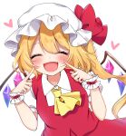  1girl ascot blonde_hair blush bow closed_eyes fang fingersmile flandre_scarlet hair_bow hat heart highres mob_cap one_side_up open_mouth red_vest shiki_(s1k1xxx) shirt simple_background smile solo touhou vest white_background white_headwear white_shirt wings wrist_cuffs yellow_neckwear 