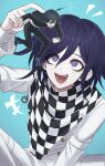  2boys :d ^^^ ahoge arm_up bangs between_legs black_hair black_jacket black_pants buttons checkered checkered_neckwear checkered_scarf danganronpa_(series) danganronpa_v3:_killing_harmony double-breasted eyebrows_visible_through_hair flying_sweatdrops green_background hair_between_eyes hand_between_legs high_heels highres holding_another jacket long_sleeves looking_at_another looking_up male_focus miniboy multiple_boys open_mouth ouma_kokichi pants purple_hair saihara_shuuichi scarf shoes short_hair smile straitjacket striped striped_jacket striped_pants ttegi_(ddeck_dg) violet_eyes 