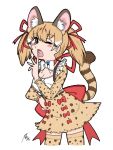  1girl animal_costume animal_ear_fluff animal_ears belt bow bowtie brown_eyes brown_hair cat_ears cat_girl cat_tail extra kemono_friends kemono_friends_v_project kneehighs large-spotted_genet_(kemono_friends) long_hair microphone multicolored_hair open_mouth osakana_pix ribbon shirt simple_background skirt socks solo suspenders tail tezuka_osamu_(style) twintails virtual_youtuber 