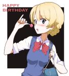 1girl alternate_costume bag bangs black_background blonde_hair blue_eyes blue_vest blush border bow bowtie braid candy collared_shirt darjeeling_(girls_und_panzer) eyebrows_visible_through_hair food girls_und_panzer hair_between_eyes happy_birthday holding holding_candy holding_food holding_lollipop kayabakoro lips lollipop looking_at_viewer looking_to_the_side open_mouth red_bow red_neckwear school_bag school_uniform shirt sleeves_rolled_up sweater_vest swept_bangs vest white_border white_shirt 