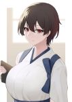  1girl alternate_hair_length alternate_hairstyle blue_hakama breasts brown_hair closed_mouth commentary_request hakama highres holding huge_breasts japanese_clothes kaga_(kancolle) kantai_collection looking_at_viewer red_eyes short_hair simple_background solo takaman_(gaffe) tasuki upper_body 