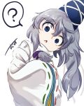  1girl ? blue_eyes curious eyebrows_visible_through_hair green_ribbon hands_together hat head_tilt high_collar japanese_clothes leaning_over long_sleeves looking_at_viewer looking_down mononobe_no_futo open_mouth pom_pom_(clothes) ponytail purple_ribbon red_ribbon ribbon ribbon-trimmed_sleeves ribbon_trim shiny shiny_hair short_hair signature silver_hair simple_background solo spoken_question_mark suguni tate_eboshi touhou triangle_mouth upper_body white_background wide_sleeves 