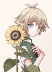  1boy absurdres basil_(omori) blonde_hair closed_mouth flower green_eyes green_shirt green_sweater hand_on_own_chest highres holding looking_at_viewer omori shirt short_hair short_sleeves simple_background smile sunflower sweater tigerhix upper_body white_background white_shirt 