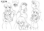  1girl absurdres character_sheet greyscale highres monochrome multiple_views neon_genesis_evangelion official_art production_art sadamoto_yoshiyuki simple_background white_background zip_available 