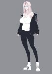  1girl absurdres aqua_eyes breasts full_body gopnik grey_background highres large_breasts last_origin long_hair looking_at_viewer mnemosyne_(last_origin) nadan_(saf503) shoes silver_hair simple_background sneakers solo tank_top track_suit 